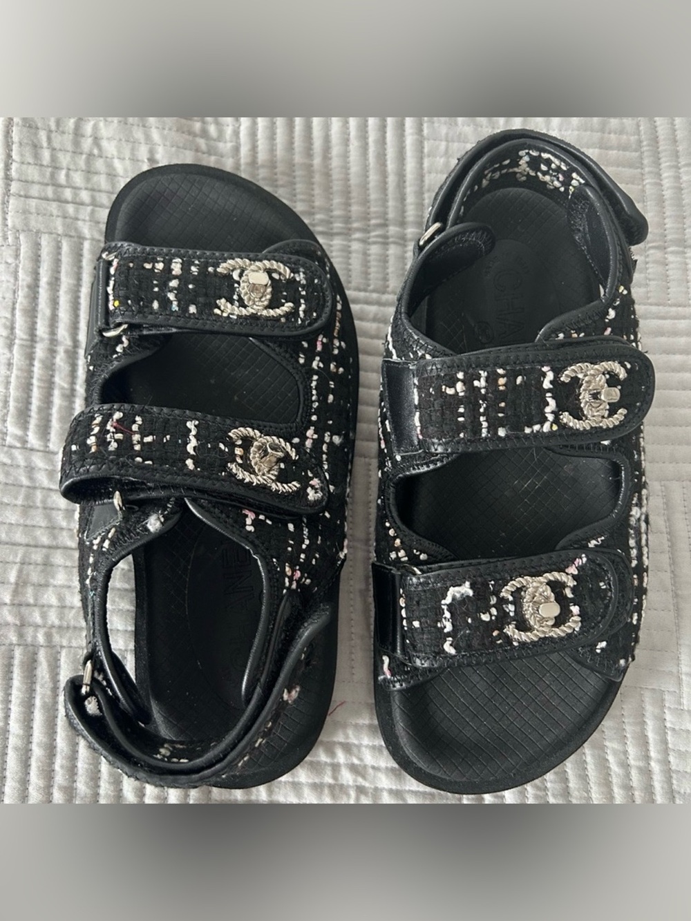 CHANEL Black & White Tweed Dad Sandals with Silver CC Hardware